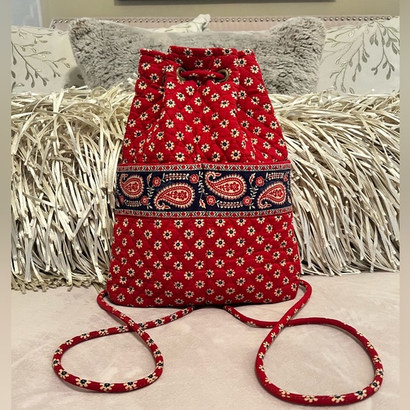 Vera Bradley Handbags - VERA BRADLEY Americana Red Floral Paisley Drawstring Backpack Blue White Retired